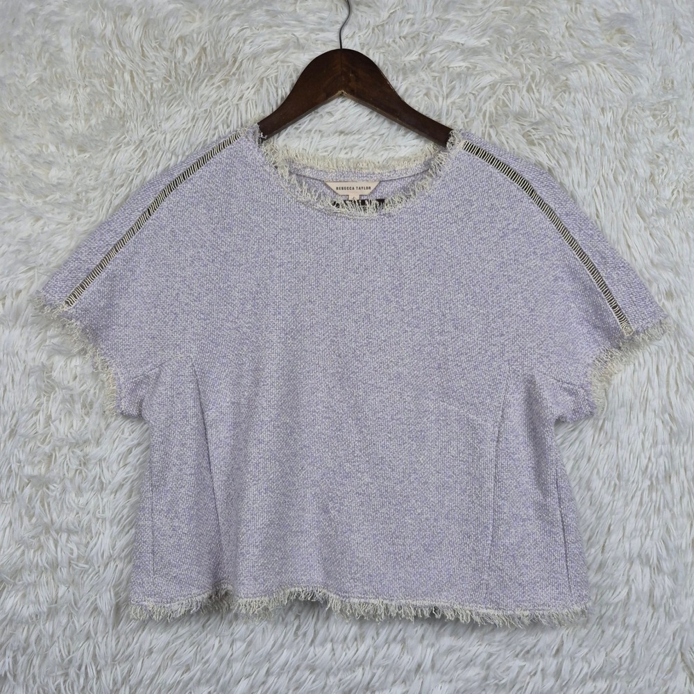 Rebecca Taylor Lilac Tweed Frayed Hem Peplum Top Ladder Stitch Purple Sz 6 Boxy